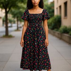 Tanya Taylor Black & Multi Silk Smocked Bodice Ruffle Cap Sleeve Dress Sz S